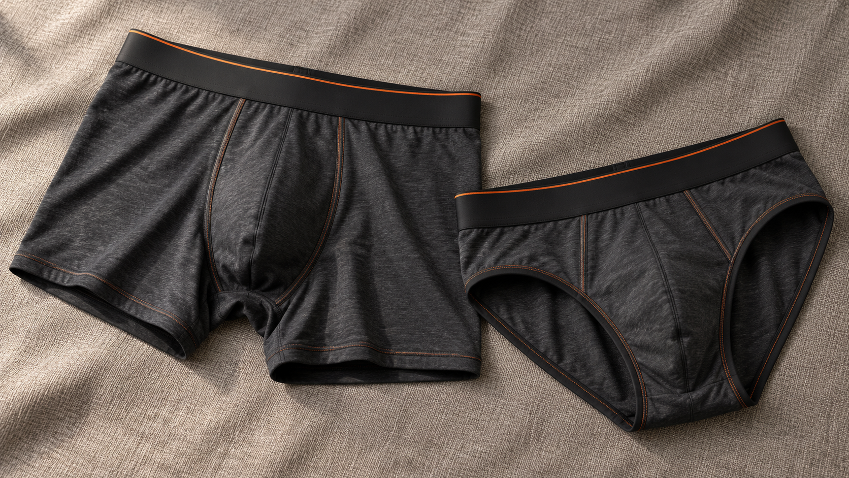 Charcoal boxer briefs with orange stitch detail on warm grey textile