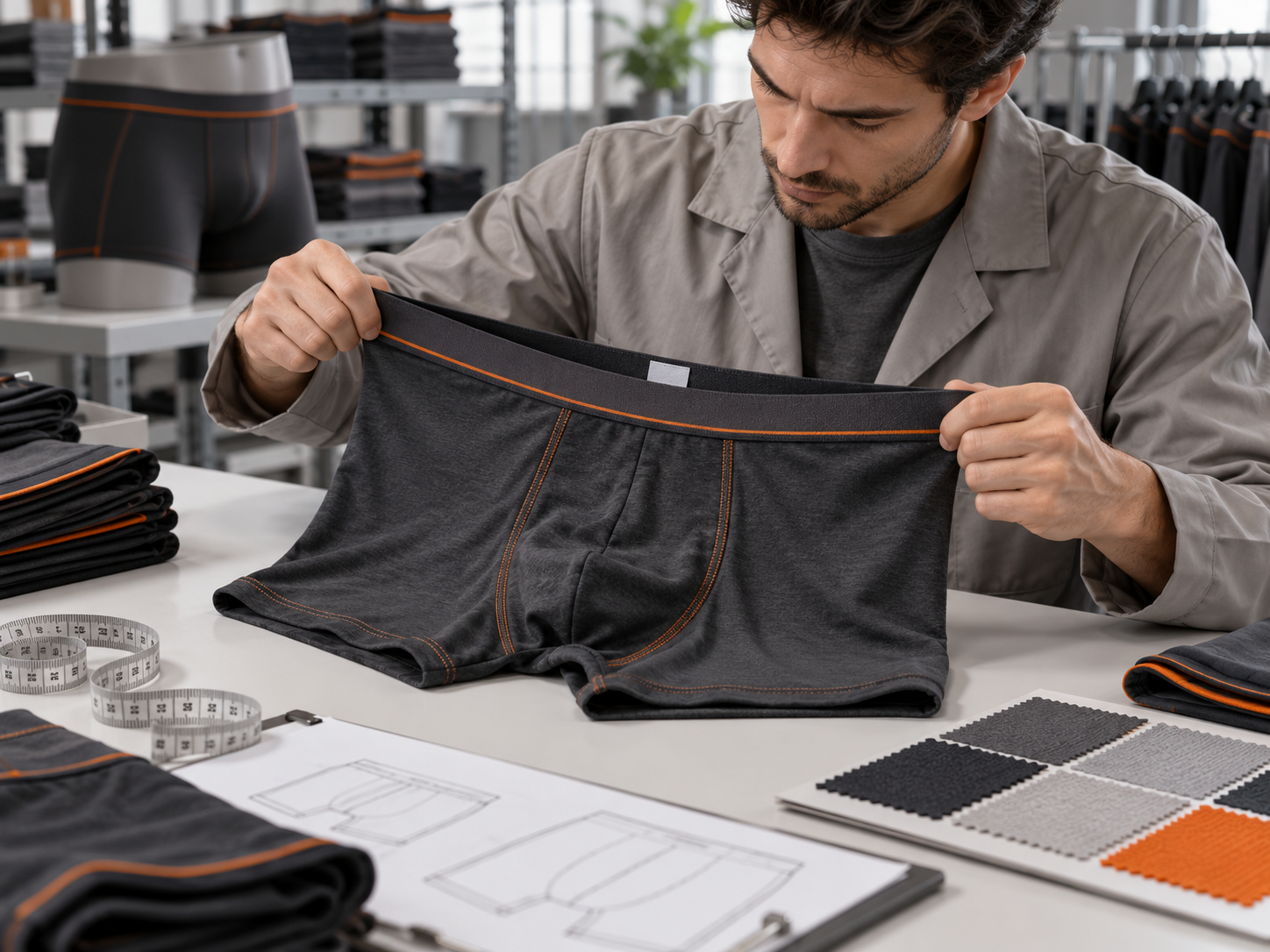 Technician checking waistband and seam detail